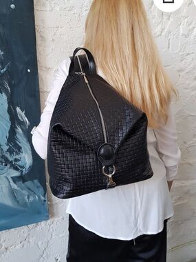 Anko Woven Black Leather Zipper Backpack Convertible
